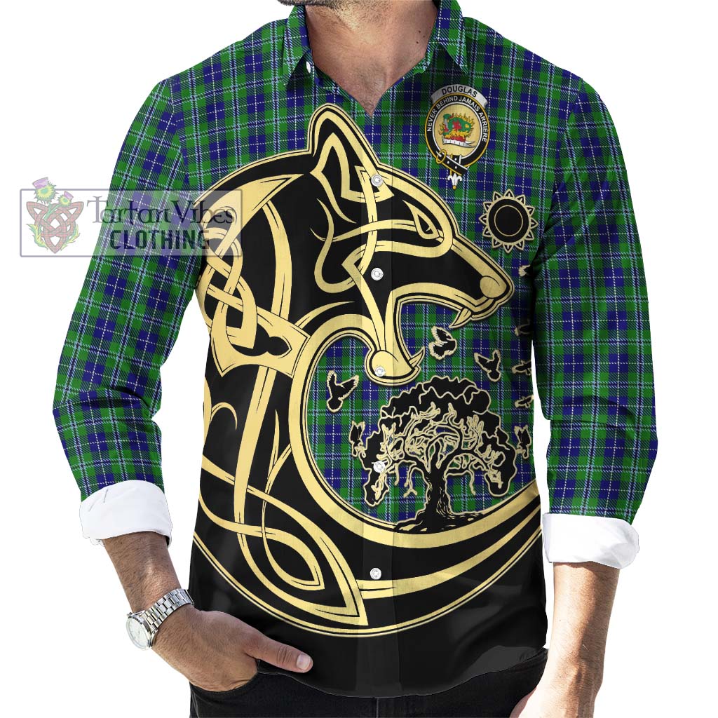 Douglas Tartan Long Sleeve Button Shirt with Family Crest Celtic Wolf Style - Tartan Vibes Clothing