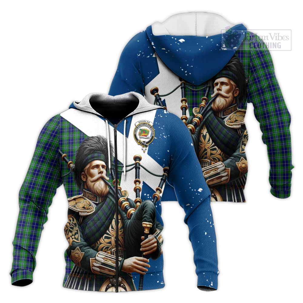 Tartan Vibes Clothing Douglas Tartan Knitted Hoodie with Family Crest Scottish Bagpiper Vibes