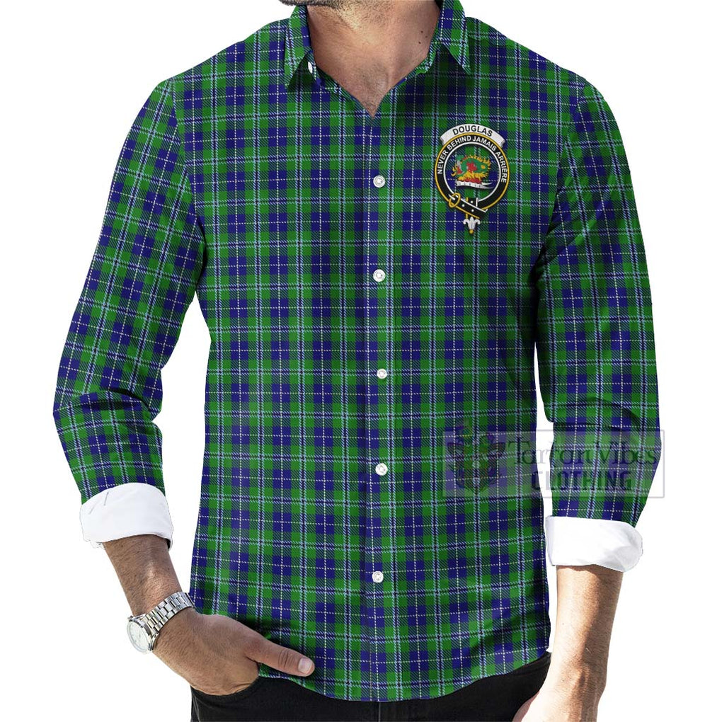 Tartan Vibes Clothing Douglas Tartan Long Sleeve Button Shirt with Family Crest and Bearded Skull Holding Bottles of Whiskey