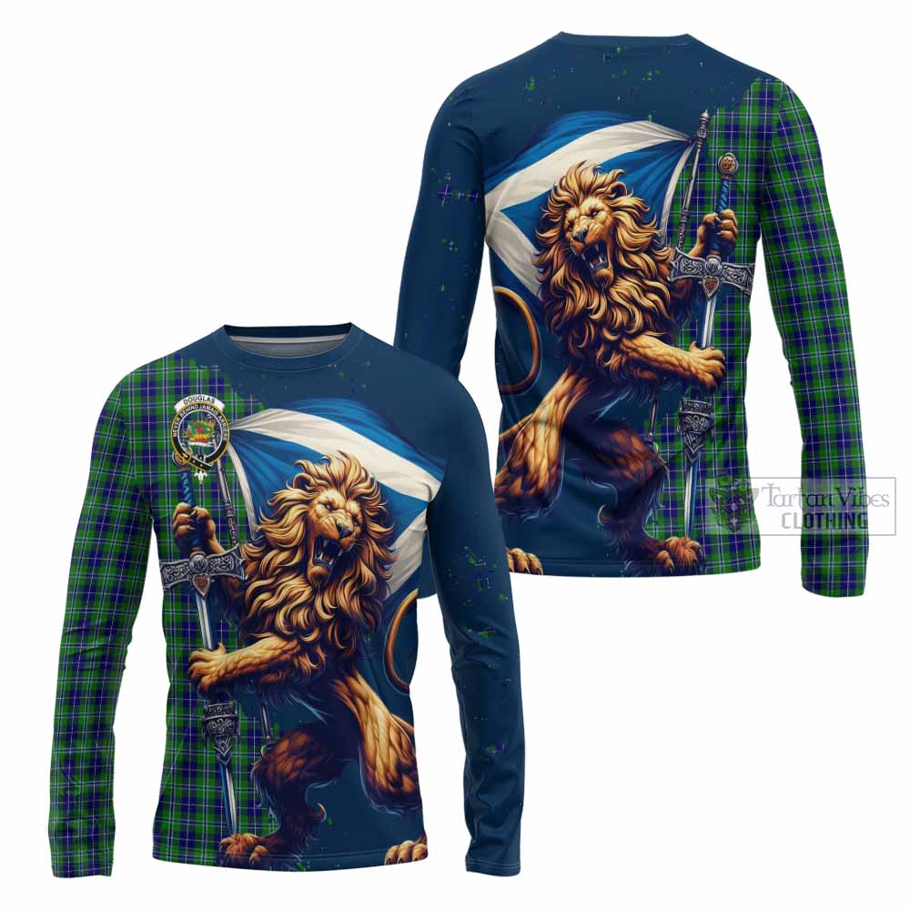 Tartan Vibes Clothing Douglas Tartan Family Crest Long Sleeve T-Shirt with Scottish Majestic Lion