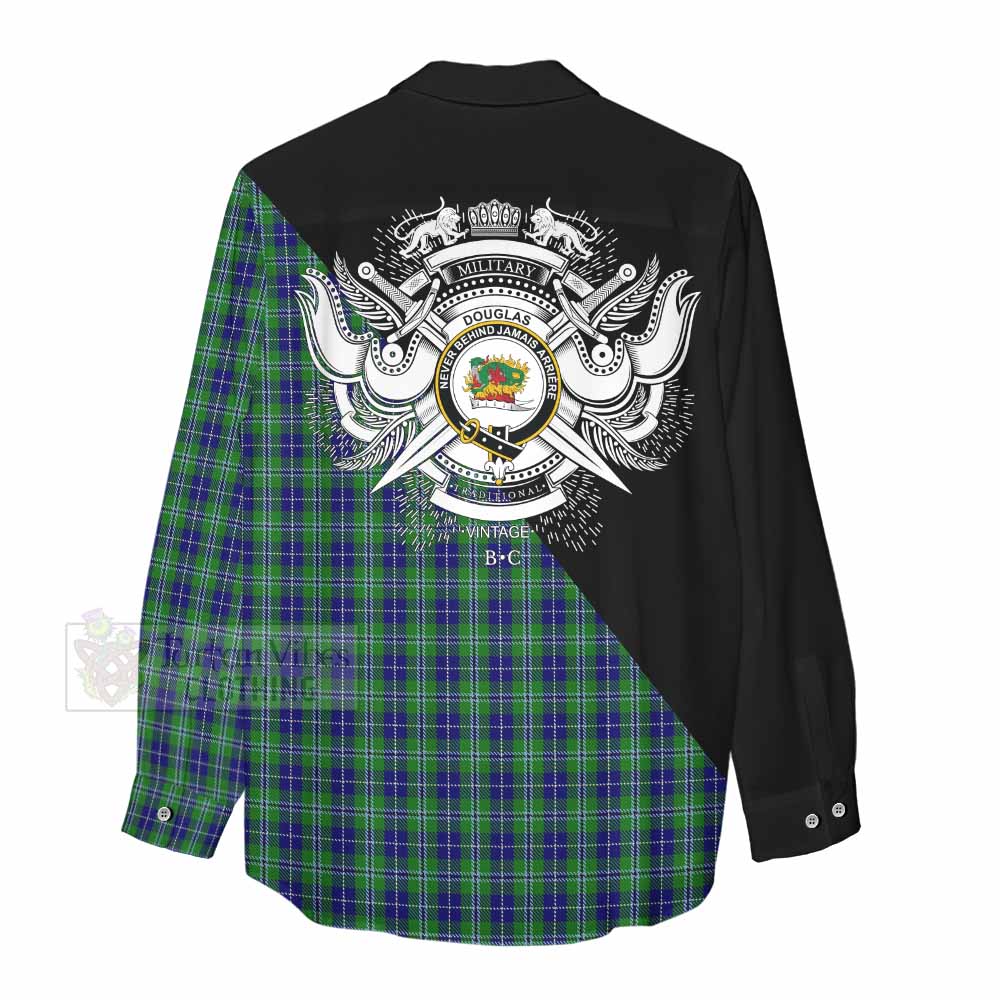 Tartan Vibes Clothing Douglas Tartan Women's Casual Shirt with Family Crest and Military Logo Style