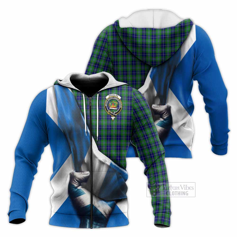 Tartan Vibes Clothing Douglas Tartan Knitted Hoodie with Family Crest Scotland Patriotic Style