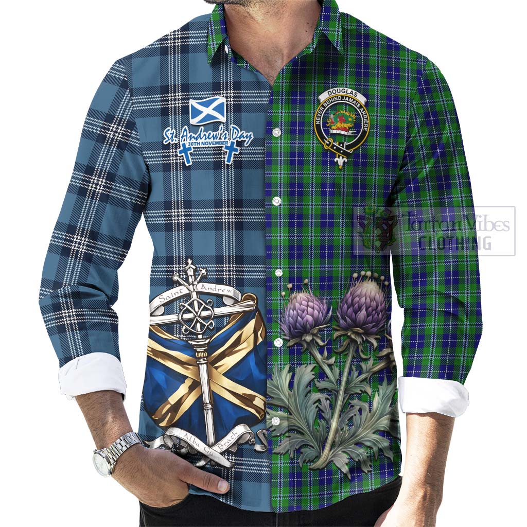 Tartan Vibes Clothing Douglas Tartan Long Sleeve Button Shirt Happy St. Andrew's Day Half Tartan Style