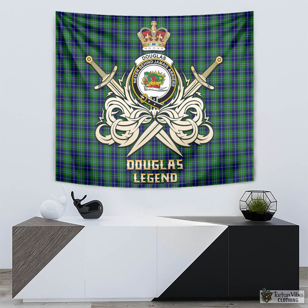 Tartan Vibes Clothing Douglas Tartan Tapestry with Clan Crest and the Golden Sword of Courageous Legacy