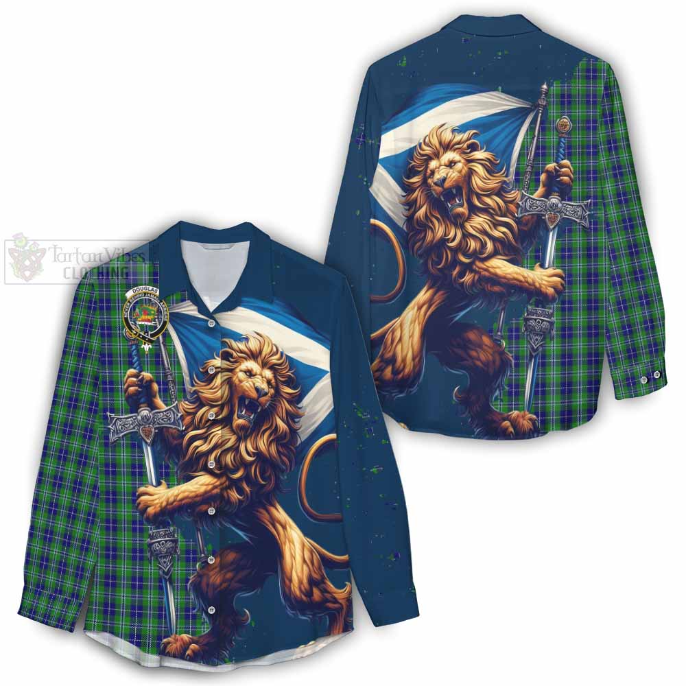 Tartan Vibes Clothing Douglas Tartan Family Crest Women's Casual Shirt with Scottish Majestic Lion