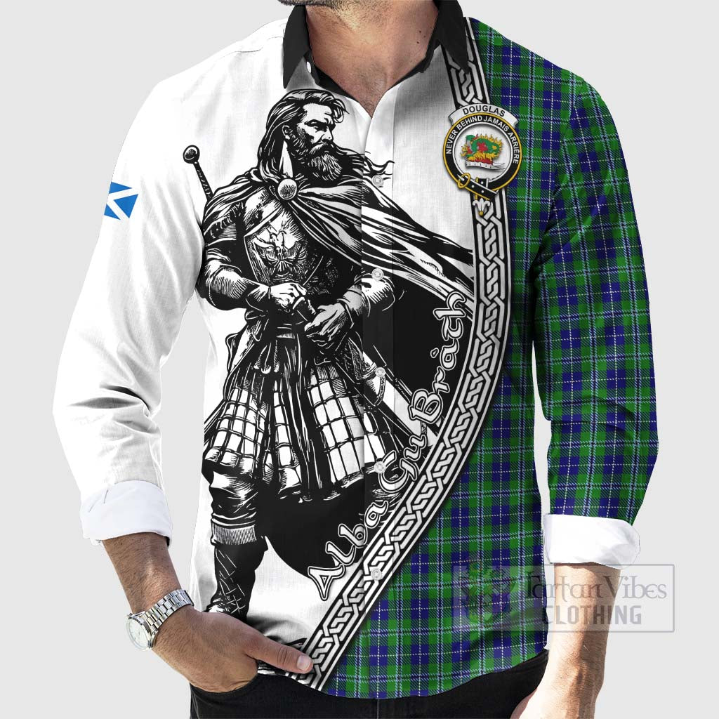 Tartan Vibes Clothing Douglas Tartan Clan Crest Long Sleeve Button Shirt with Highlander Warrior Celtic Style