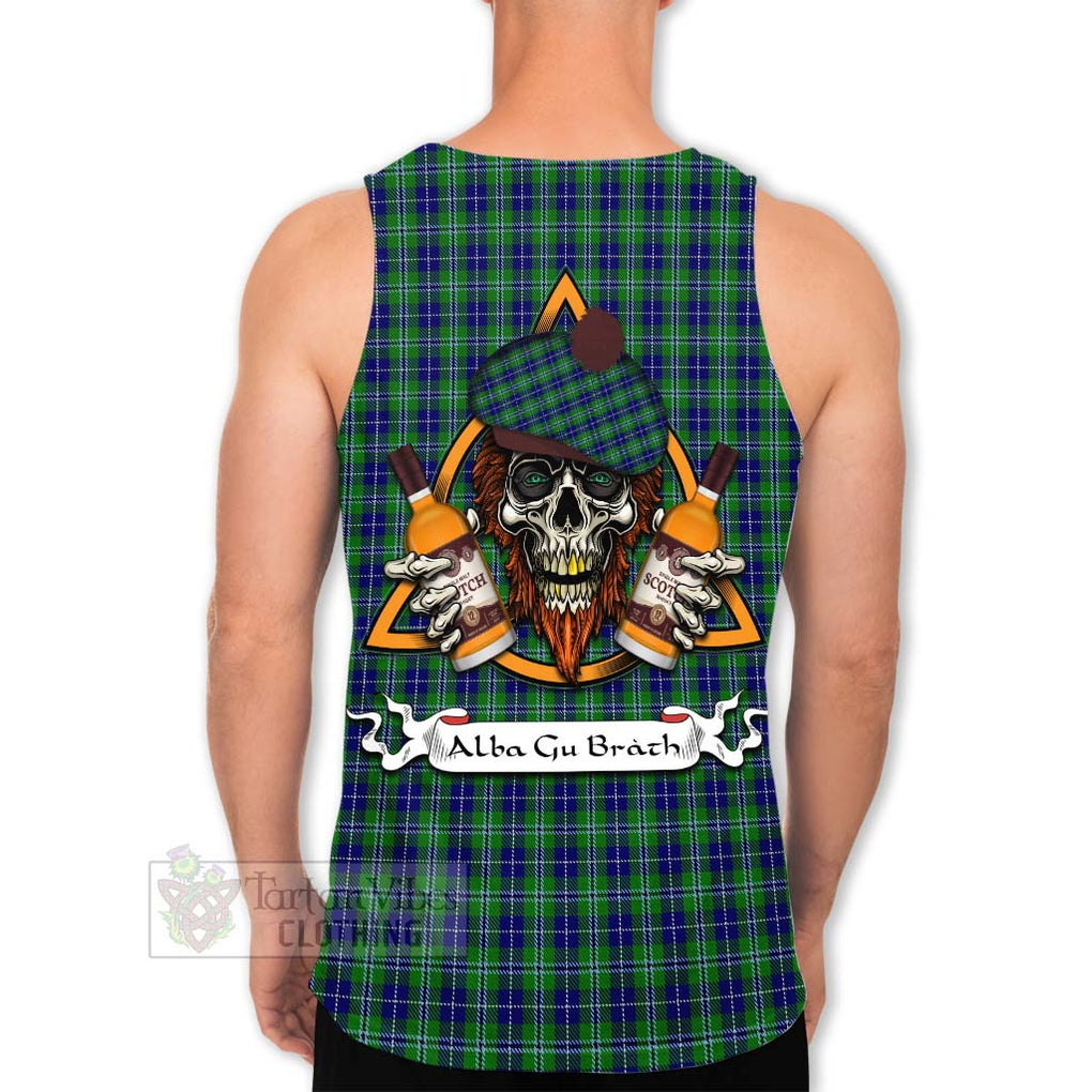 Tartan Vibes Clothing Douglas Tartan Men's Tank Top with Family Crest and Bearded Skull Holding Bottles of Whiskey