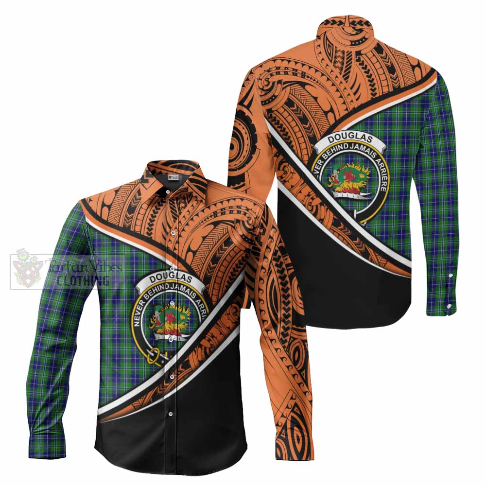 Tartan Vibes Clothing Douglas Crest Tartan Long Sleeve Button Shirt with Maori Tattoo Style - Orange Version