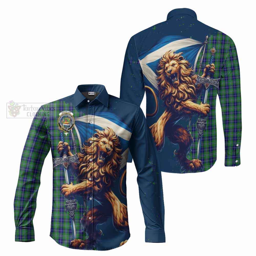 Tartan Vibes Clothing Douglas Tartan Family Crest Long Sleeve Button Shirt with Scottish Majestic Lion