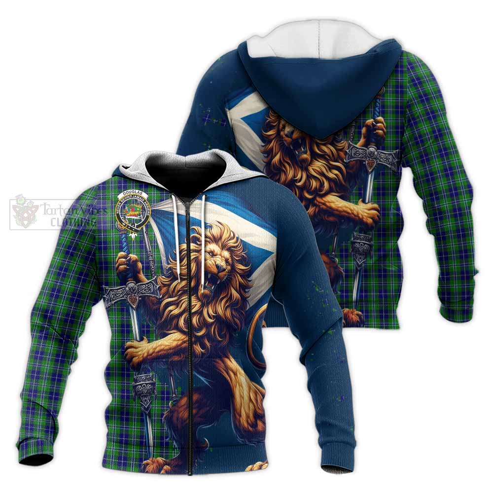 Tartan Vibes Clothing Douglas Tartan Family Crest Knitted Hoodie with Scottish Majestic Lion