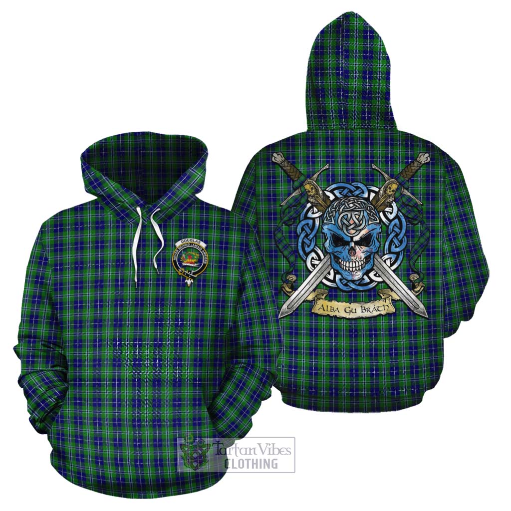 Tartan Vibes Clothing Douglas Tartan Cotton Hoodie with Family Crest Celtic Skull Style