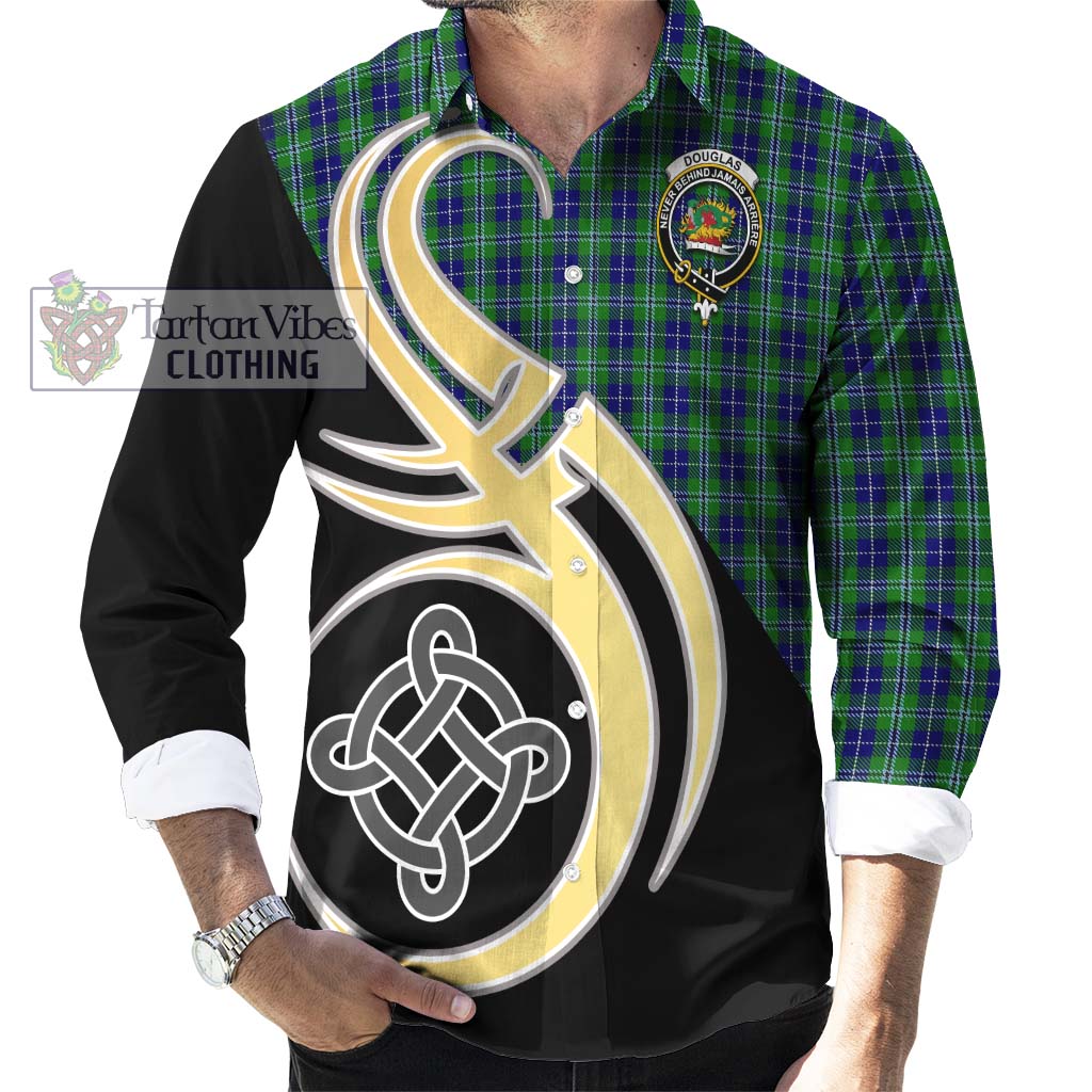 Douglas Tartan Long Sleeve Button Shirt with Family Crest and Celtic Symbol Style - Tartan Vibes Clothing