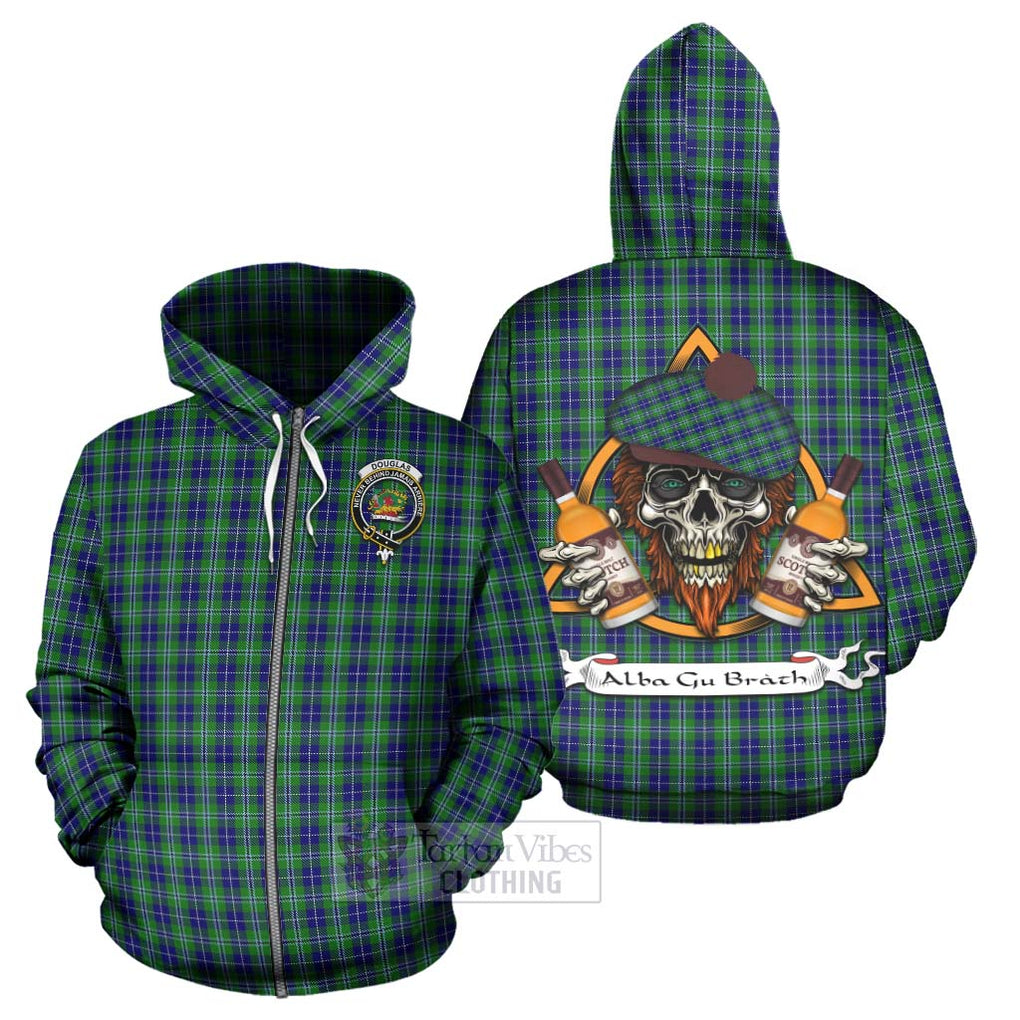 Tartan Vibes Clothing Douglas Tartan Hoodie with Family Crest and Bearded Skull Holding Bottles of Whiskey