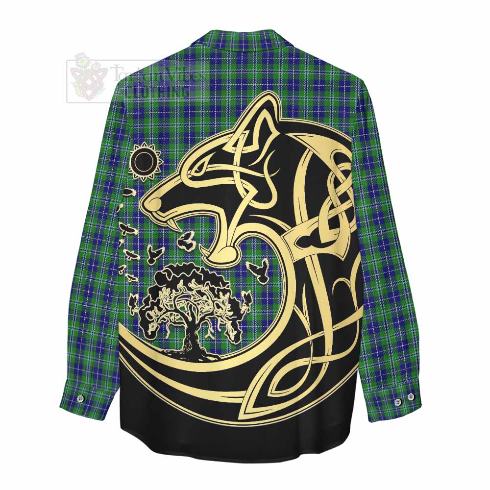 Tartan Vibes Clothing Douglas Tartan Women's Casual Shirt with Family Crest Celtic Wolf Style