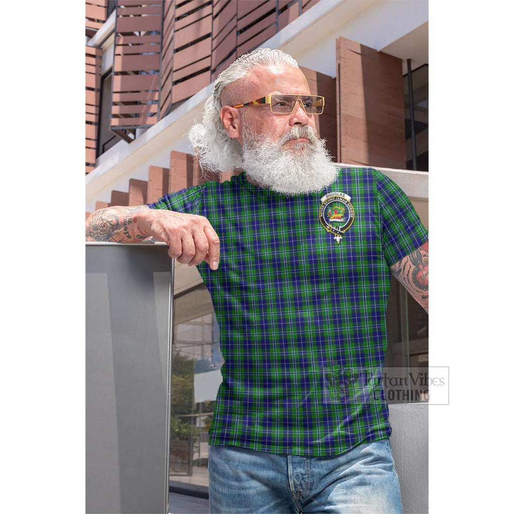 Tartan Vibes Clothing Douglas Tartan Cotton T-shirt with Family Crest and Bearded Skull Holding Bottles of Whiskey