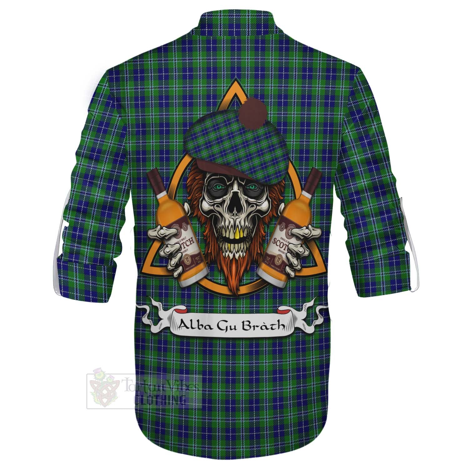 Tartan Vibes Clothing Douglas Tartan Ghillie Kilt Shirt with Family Crest and Bearded Skull Holding Bottles of Whiskey