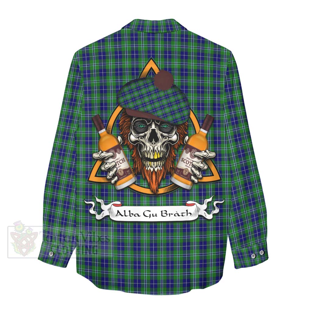 Tartan Vibes Clothing Douglas Tartan Women's Casual Shirt with Family Crest and Bearded Skull Holding Bottles of Whiskey