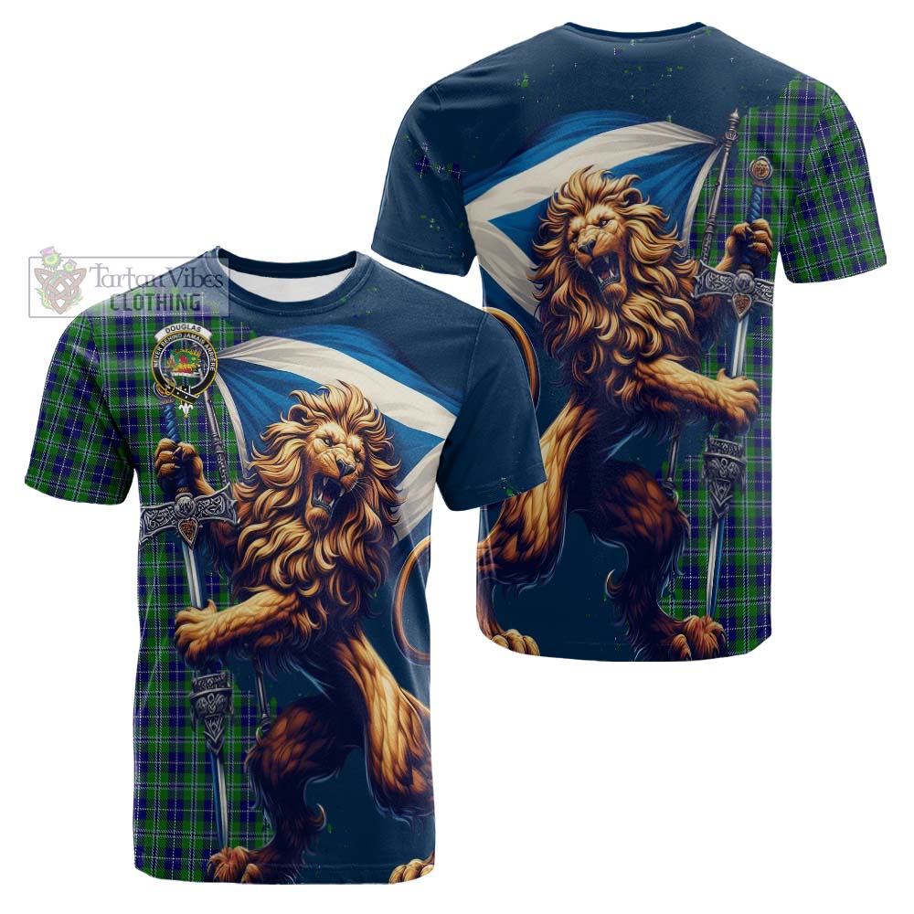 Tartan Vibes Clothing Douglas Tartan Family Crest Cotton T-shirt with Scottish Majestic Lion