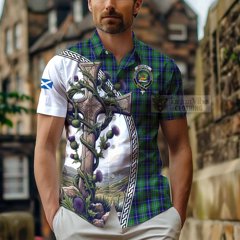 Tartan Vibes Clothing Douglas Tartan Short Sleeve Button Shirt with Family Crest and St. Andrew's Cross Accented by Thistle Vines