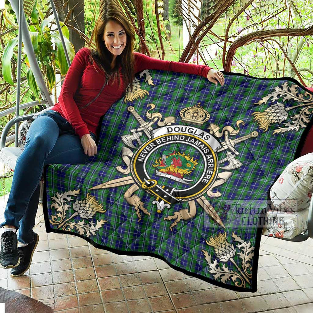 Tartan Vibes Clothing Douglas Tartan Quilt with Family Crest and Scottish Golden Courage Shield