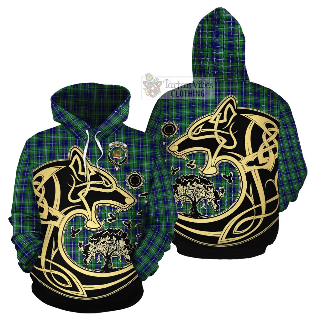 Tartan Vibes Clothing Douglas Tartan Cotton Hoodie with Family Crest Celtic Wolf Style