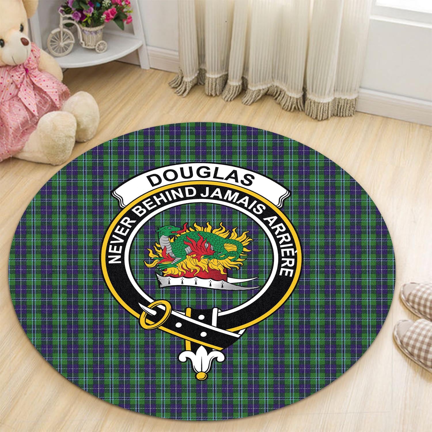 Douglas Tartan Round Rug with Family Crest - Tartanvibesclothing