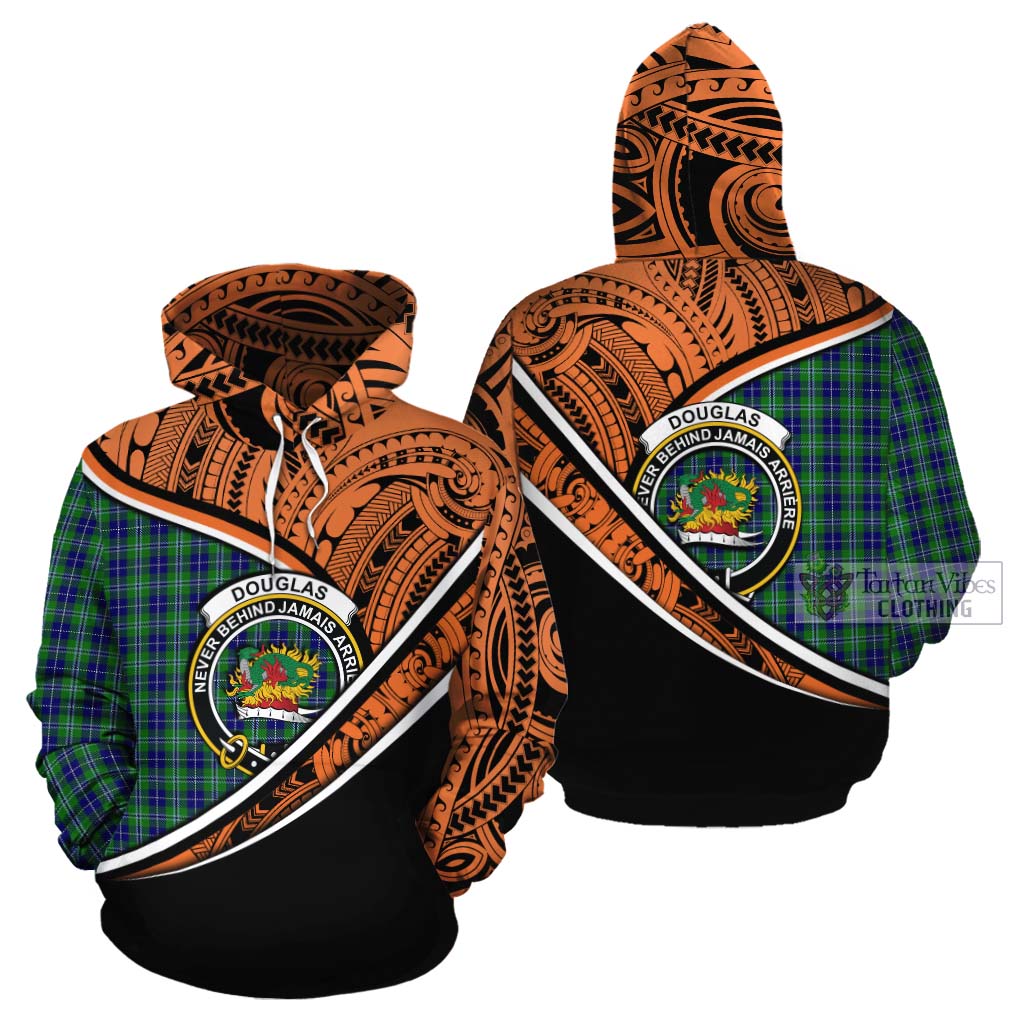 Tartan Vibes Clothing Douglas Crest Tartan Cotton Hoodie with Maori Tattoo Style - Orange Version