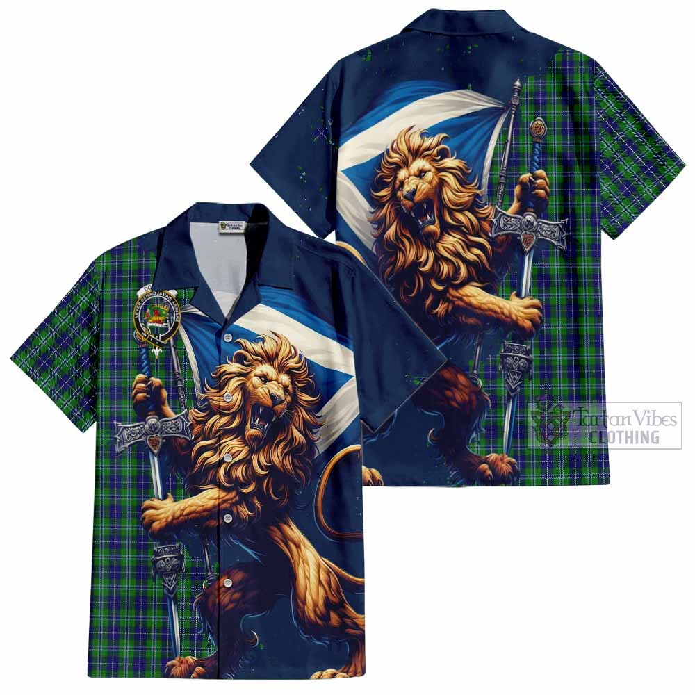 Tartan Vibes Clothing Douglas Tartan Family Crest Short Sleeve Button Shirt with Scottish Majestic Lion