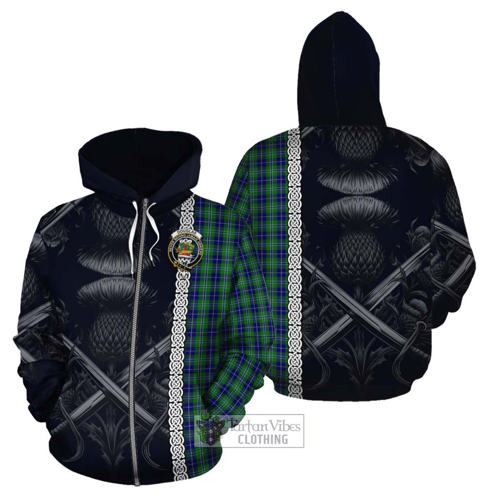 Douglas Tartan Cotton Hoodie with Family Crest Cross Sword Thistle Celtic Vibes Zip Hoodie - Tartan Vibes Clothing