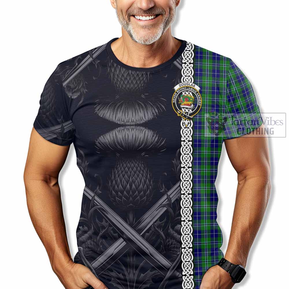 Tartan Vibes Clothing Douglas Tartan T-Shirt with Family Crest Cross Sword Thistle Celtic Vibes