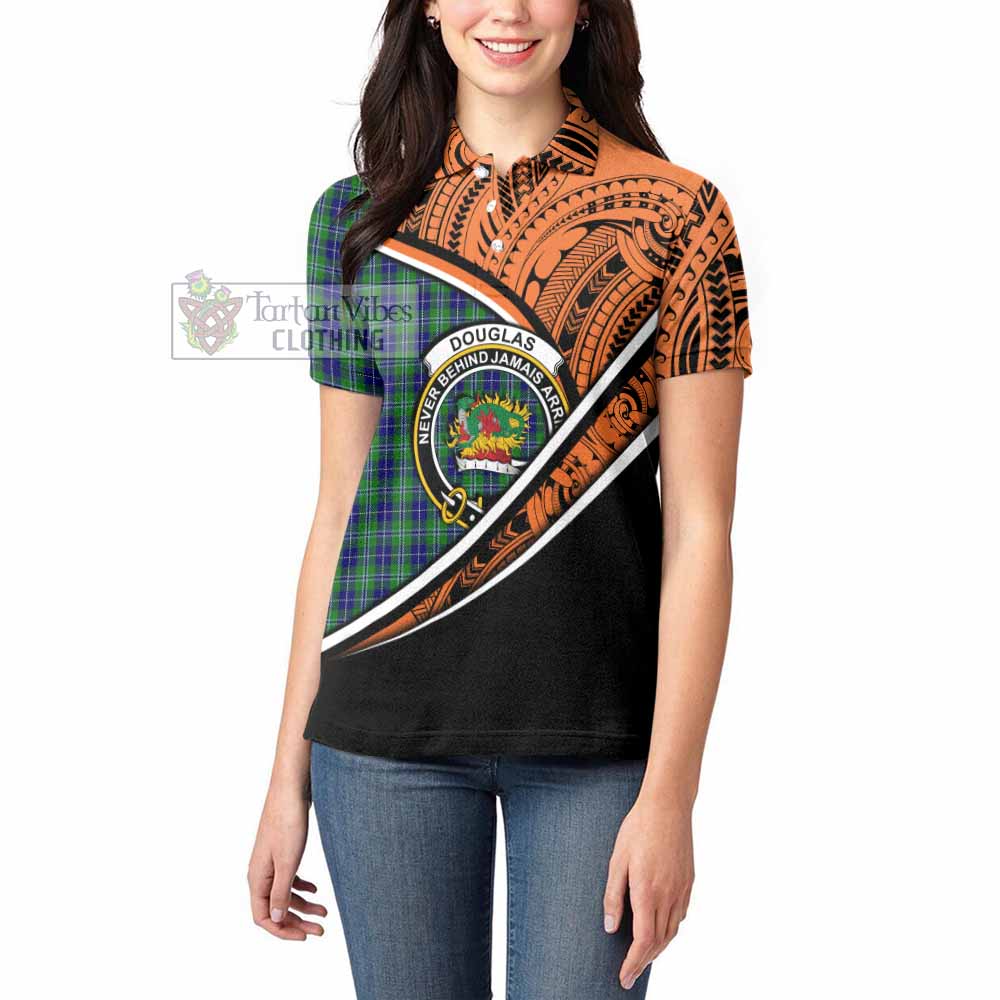 Tartan Vibes Clothing Douglas Crest Tartan Women's Polo Shirt with Maori Tattoo Style - Orange Version