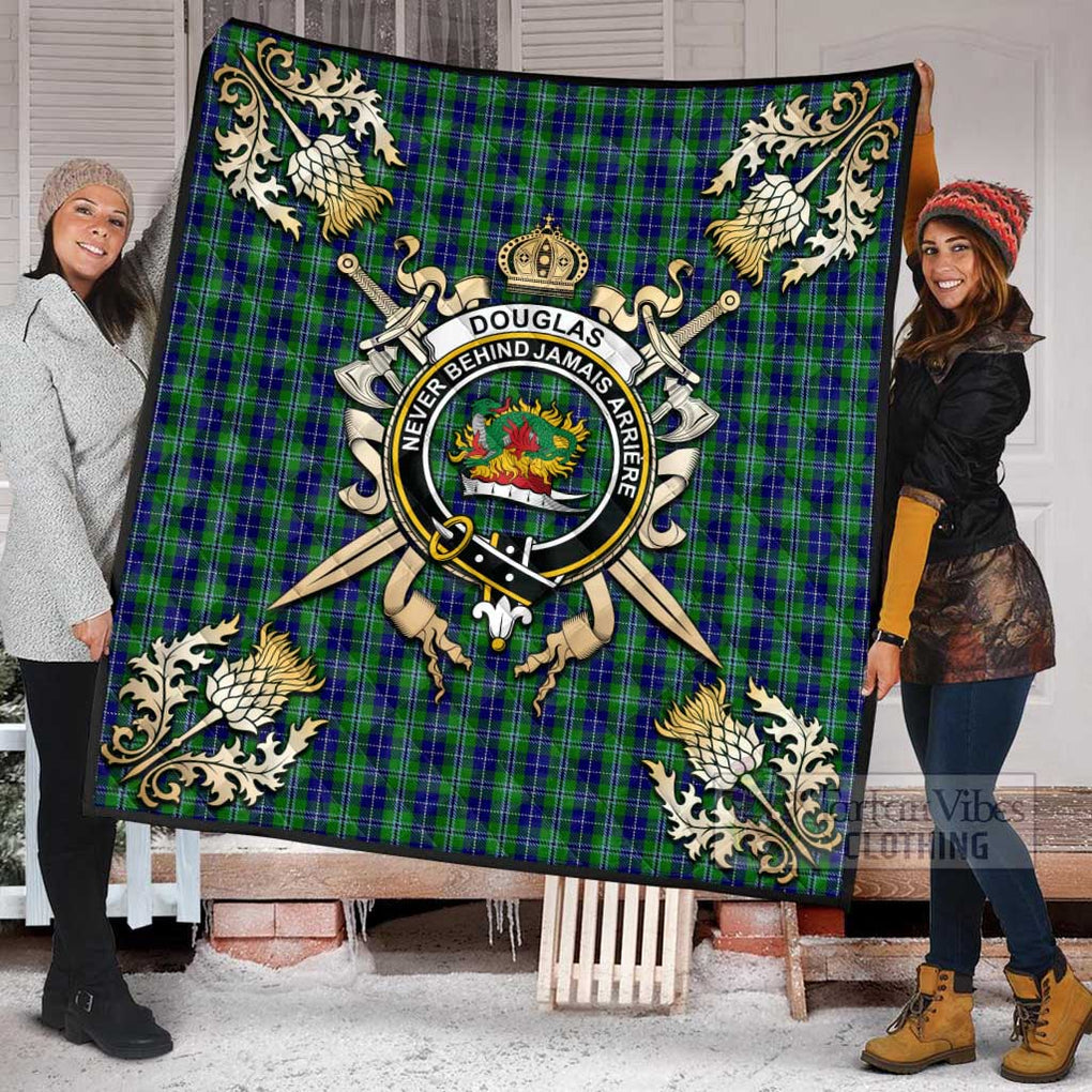 Tartan Vibes Clothing Douglas Tartan Quilt with Family Crest and Scottish Golden Courage Shield