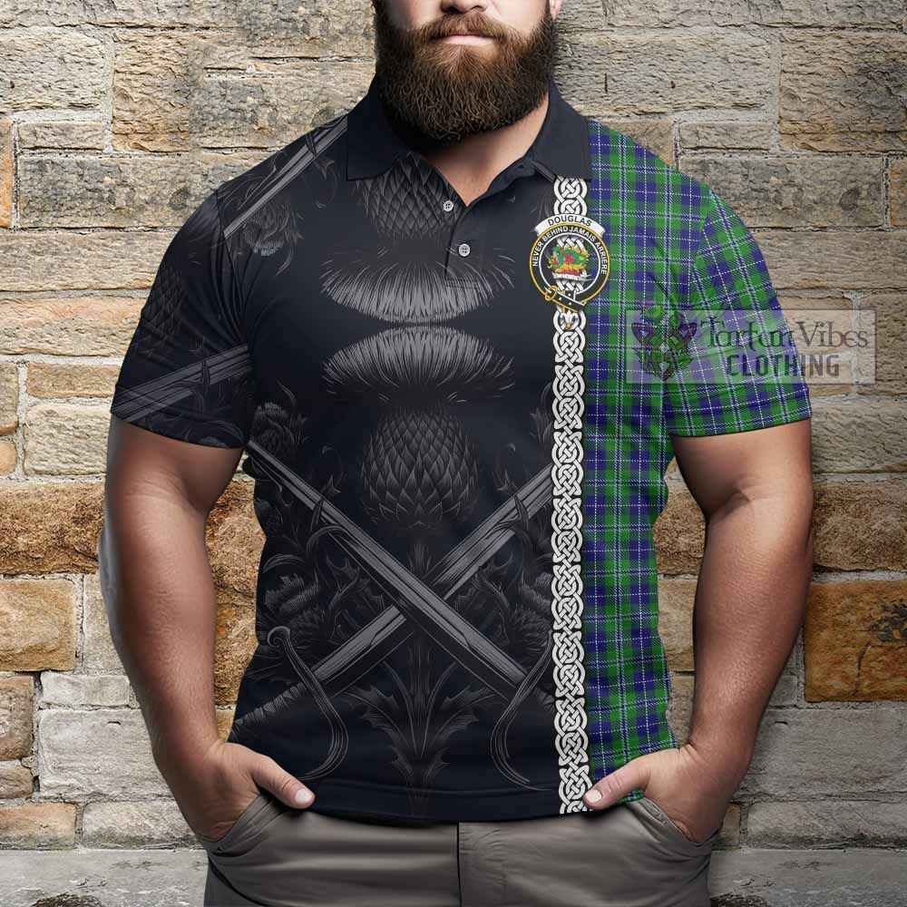 Tartan Vibes Clothing Douglas Tartan Polo Shirt with Family Crest Cross Sword Thistle Celtic Vibes