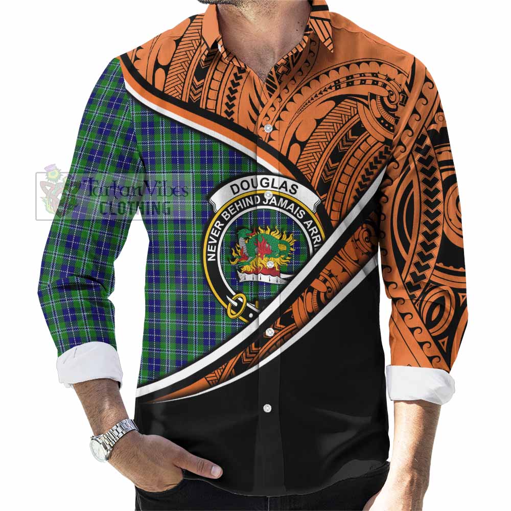 Tartan Vibes Clothing Douglas Crest Tartan Long Sleeve Button Shirt with Maori Tattoo Style - Orange Version