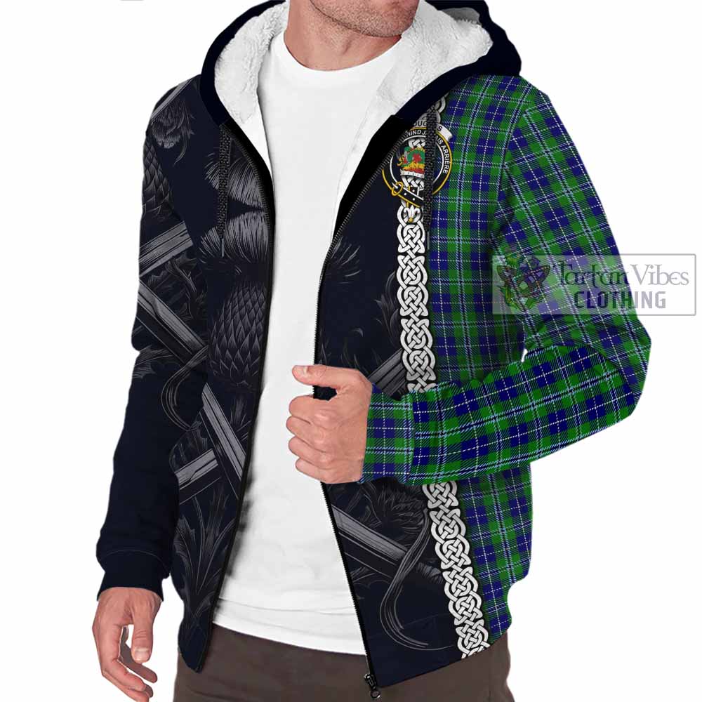 Douglas Tartan Sherpa Hoodie with Family Crest Cross Sword Thistle Celtic Vibes - Tartan Vibes Clothing