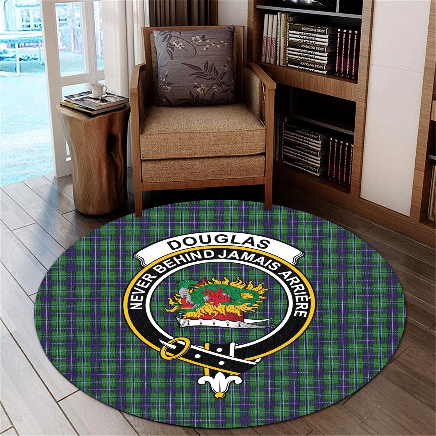 Douglas Tartan Round Rug with Family Crest - Tartanvibesclothing