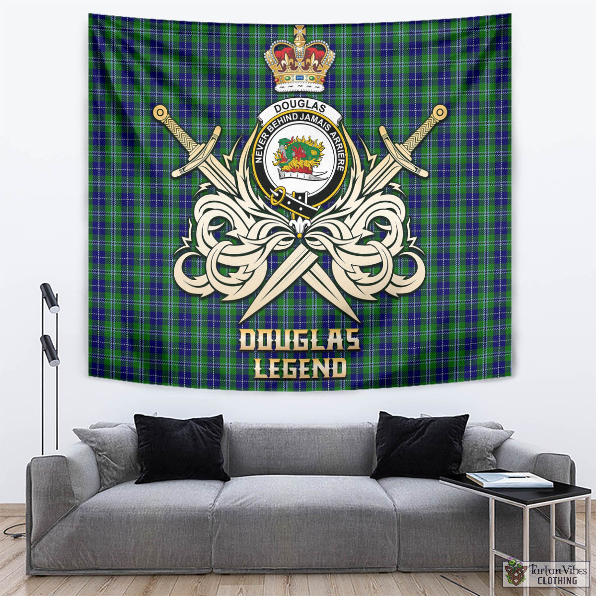 Tartan Vibes Clothing Douglas Tartan Tapestry with Clan Crest and the Golden Sword of Courageous Legacy