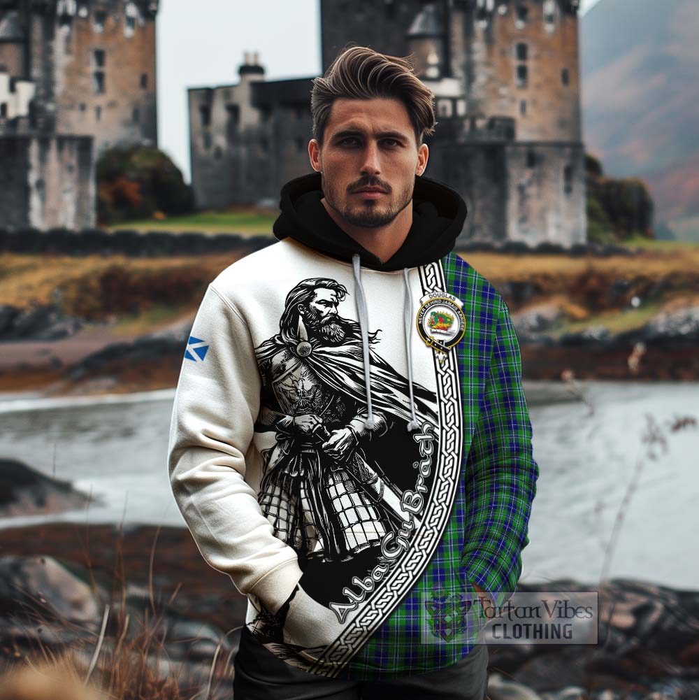 Tartan Vibes Clothing Douglas Tartan Clan Crest Cotton Hoodie with Highlander Warrior Celtic Style