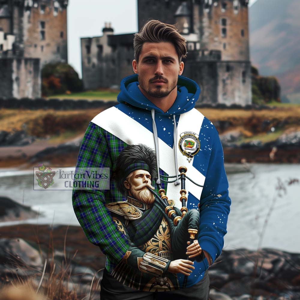 Tartan Vibes Clothing Douglas Tartan Cotton Hoodie with Family Crest Scottish Bagpiper Vibes