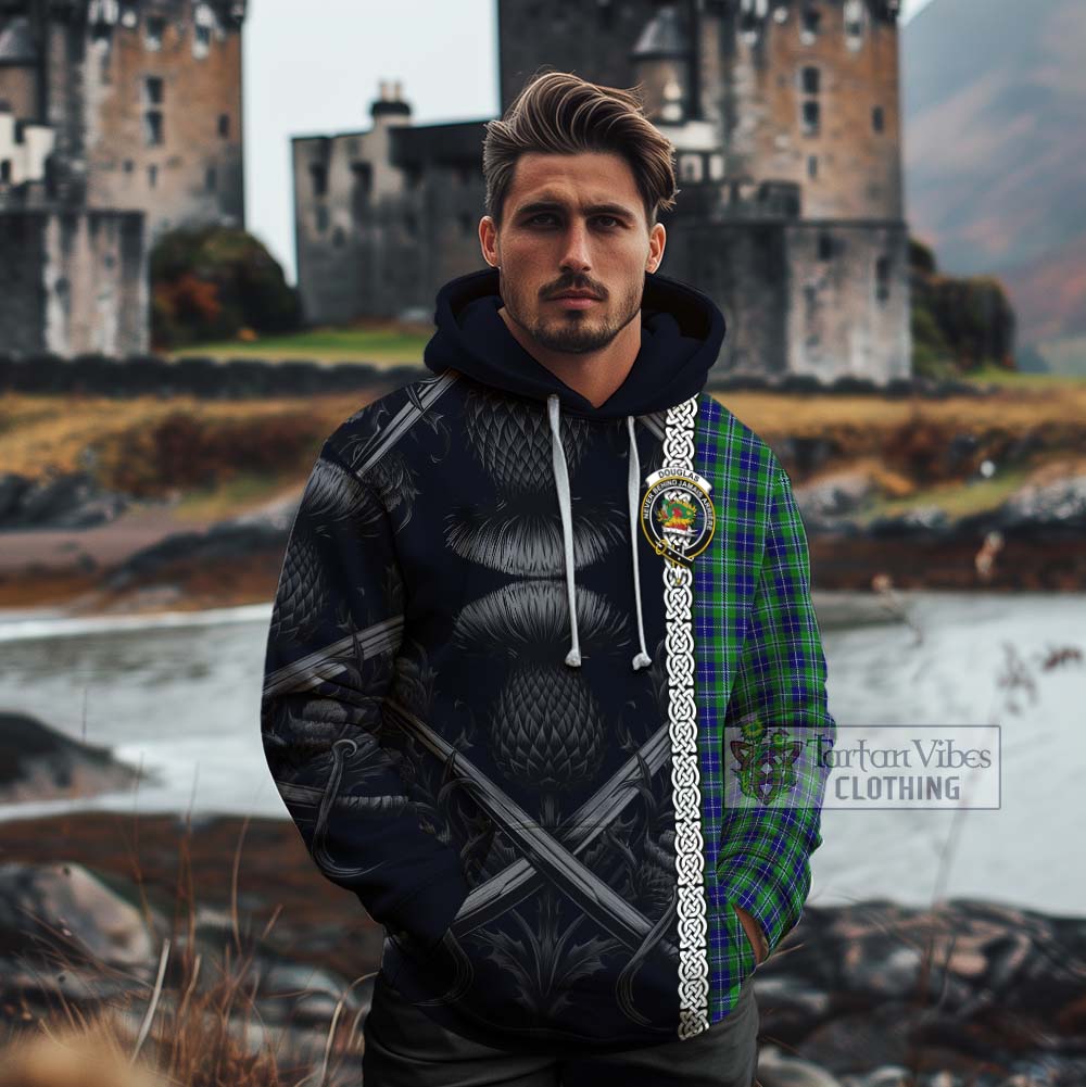 Douglas Tartan Cotton Hoodie with Family Crest Cross Sword Thistle Celtic Vibes - Tartan Vibes Clothing
