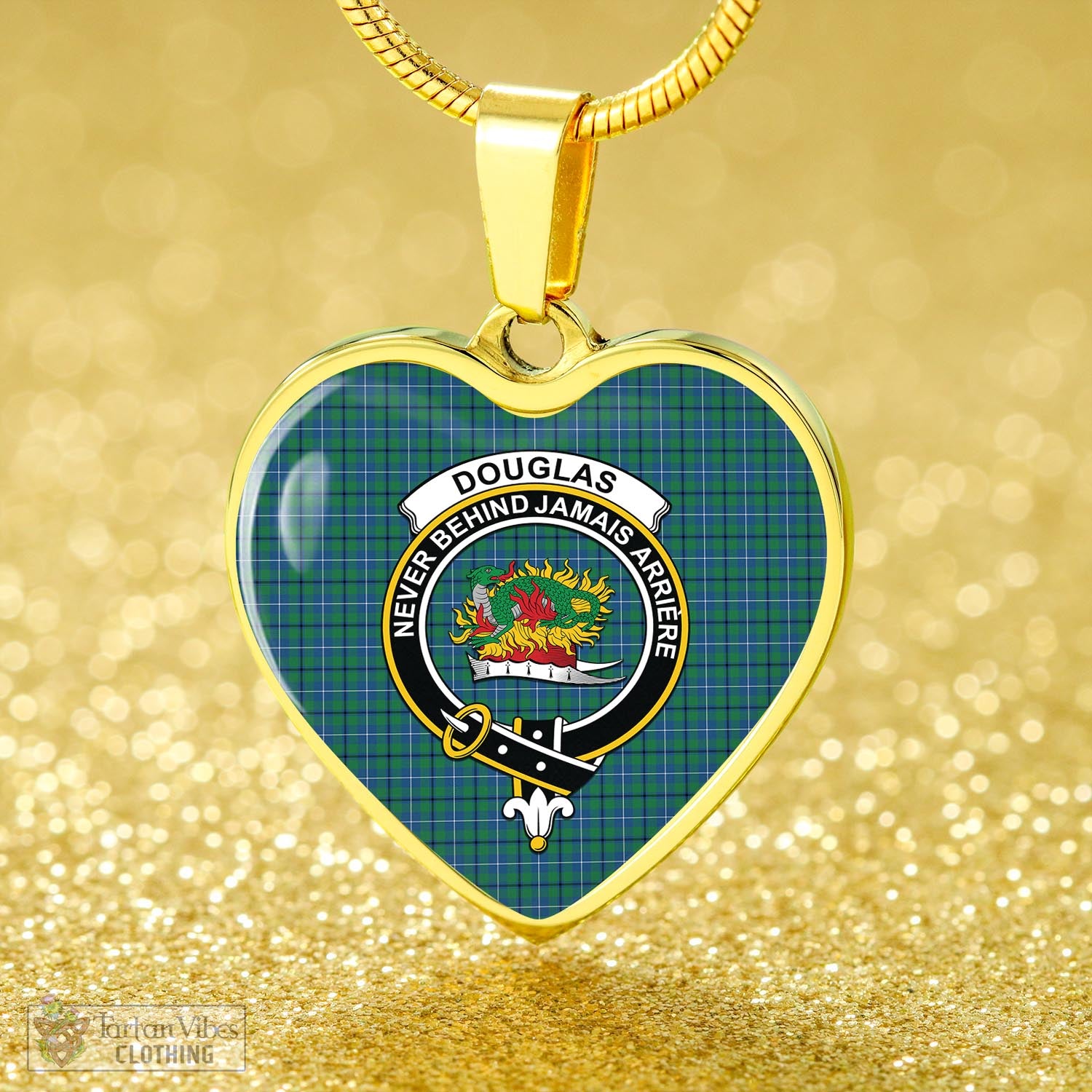 Tartan Vibes Clothing Douglas Ancient Tartan Heart Necklace with Family Crest