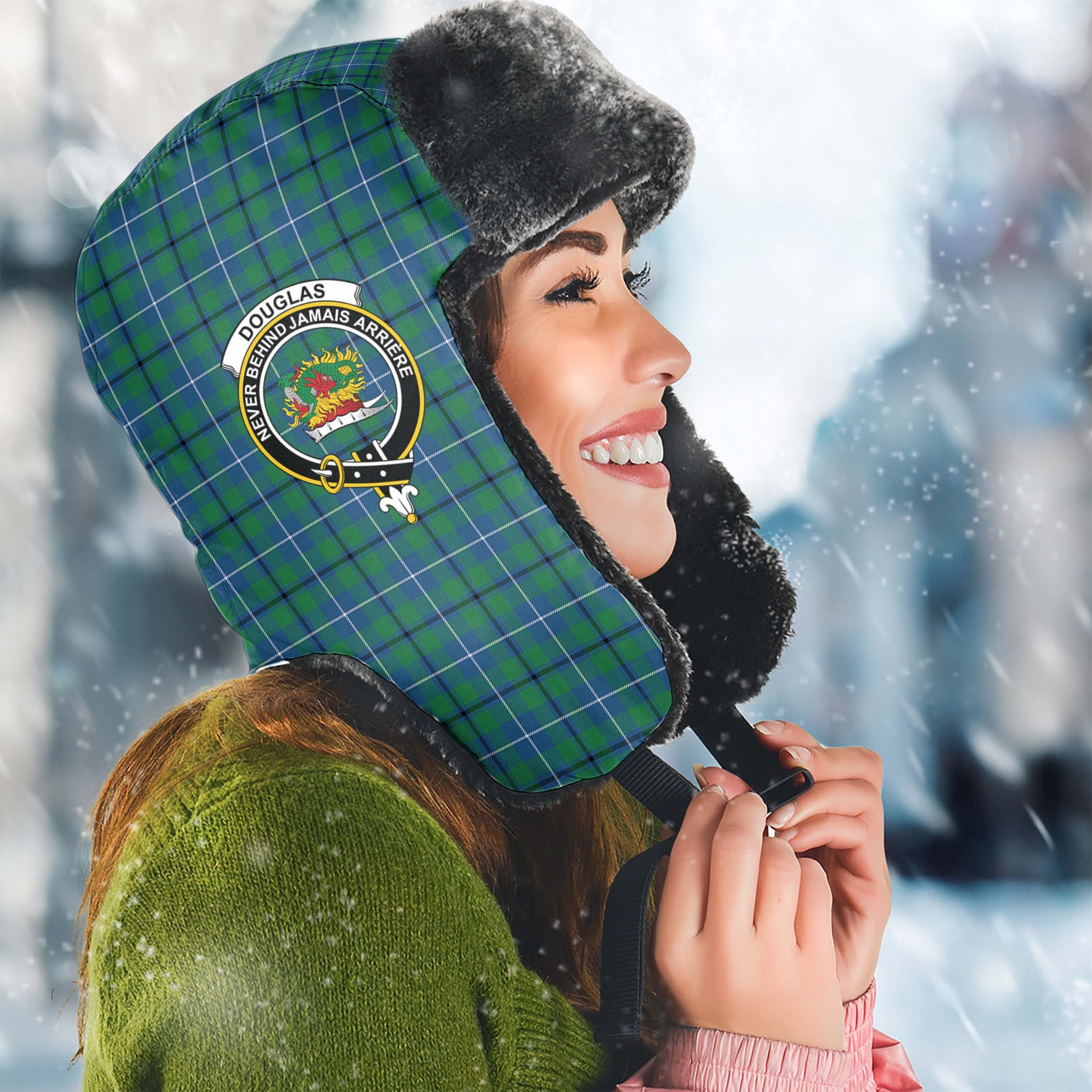 Douglas Ancient Tartan Winter Trapper Hat with Family Crest Winter Trapper Hat Universal Fit Circumference 22.8in (58cm) - Tartanvibesclothing