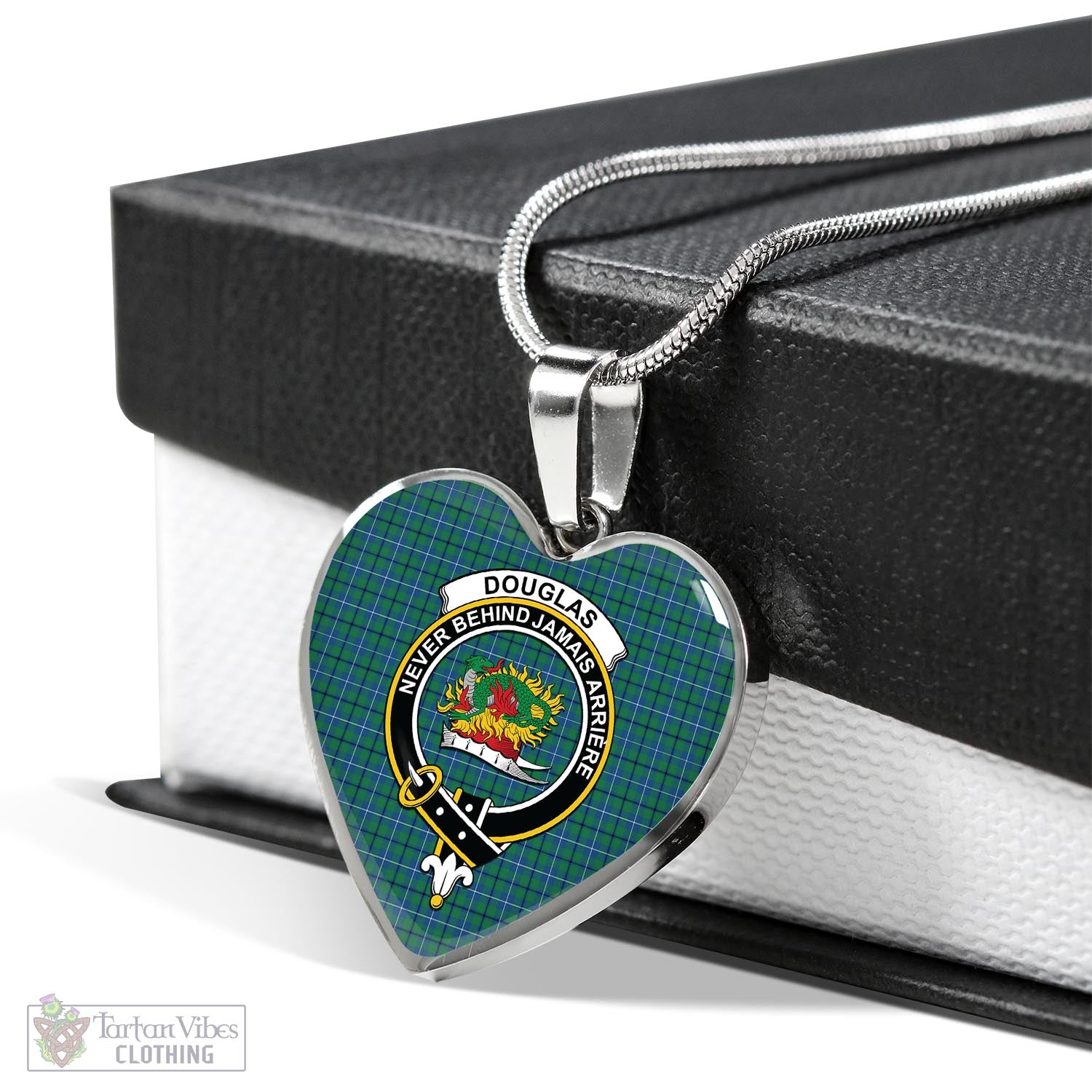 Tartan Vibes Clothing Douglas Ancient Tartan Heart Necklace with Family Crest