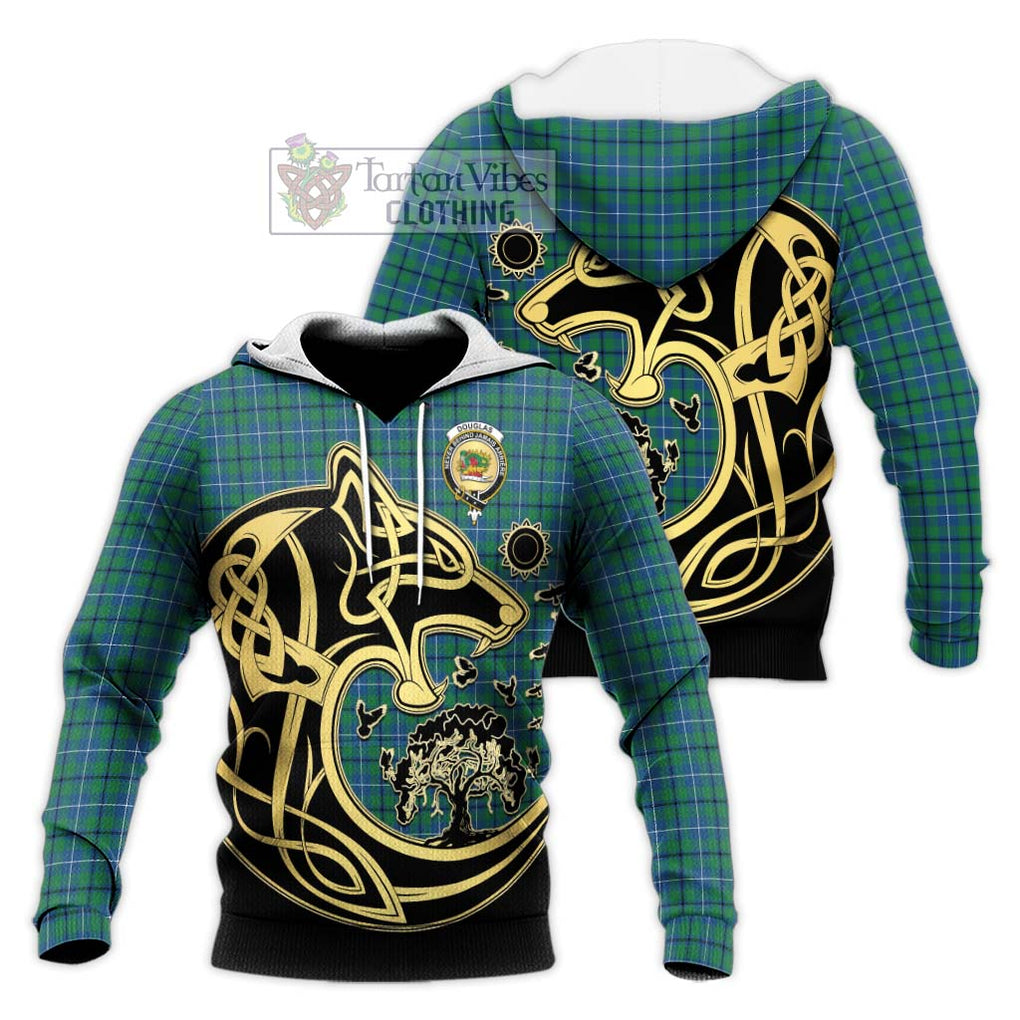 Douglas Ancient Tartan Knitted Hoodie with Family Crest Celtic Wolf Style Unisex Knitted Pullover Hoodie - Tartan Vibes Clothing