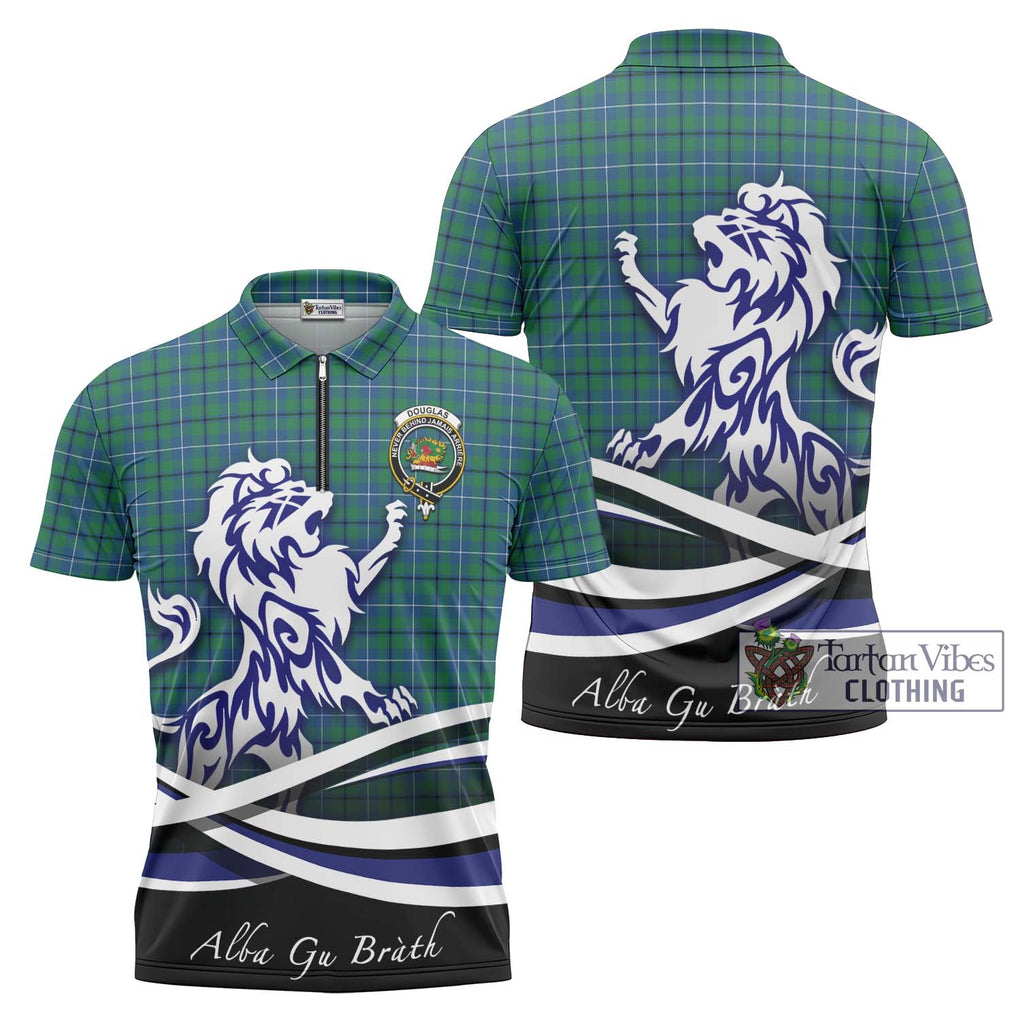 Douglas Ancient Tartan Zipper Polo Shirt with Alba Gu Brath Regal Lion Emblem Unisex - Tartanvibesclothing Shop