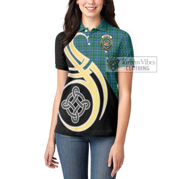 Douglas Ancient Tartan Women's Polo Shirt with Family Crest and Celtic Symbol Style