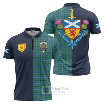 Douglas Ancient Tartan Zipper Polo Shirt Alba with Scottish Lion Royal Arm Half Style