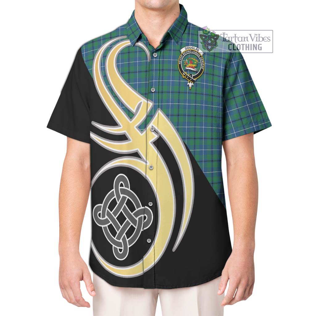 Douglas Ancient Tartan Short Sleeve Button Shirt with Family Crest and Celtic Symbol Style Kid - Tartan Vibes Clothing