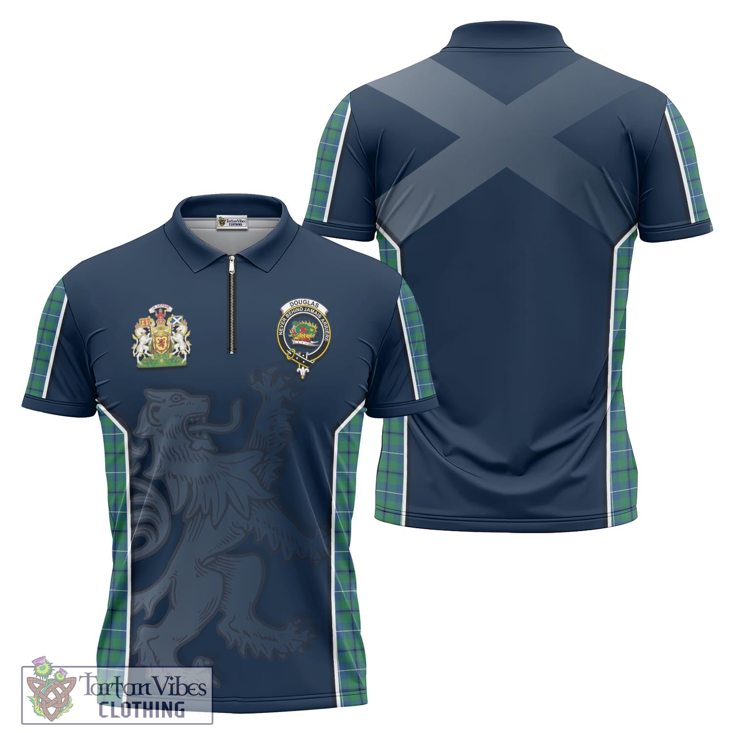 Tartan Vibes Clothing Douglas Ancient Tartan Zipper Polo Shirt with Family Crest and Lion Rampant Vibes Sport Style