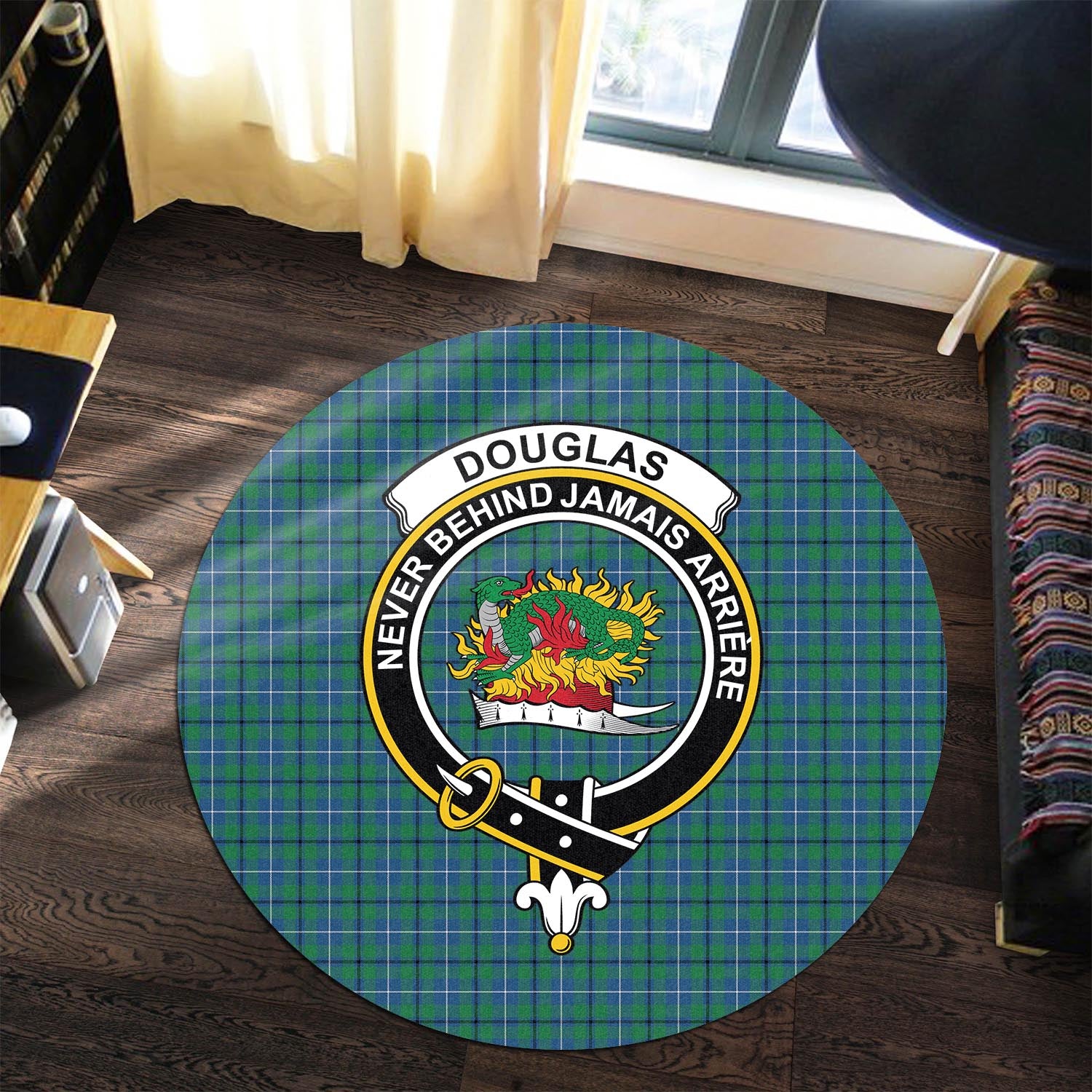 Douglas Ancient Tartan Round Rug with Family Crest - Tartanvibesclothing